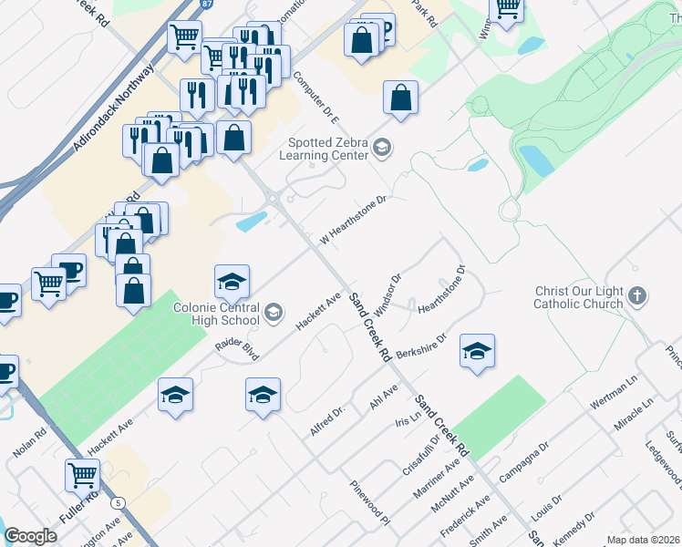 map of restaurants, bars, coffee shops, grocery stores, and more near 399 Sand Creek Road in Albany