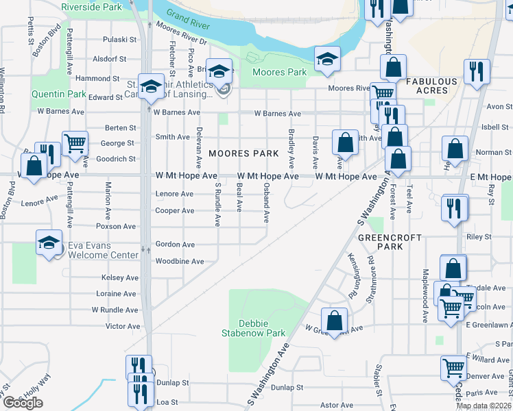 map of restaurants, bars, coffee shops, grocery stores, and more near 619 Lenore Avenue in Lansing