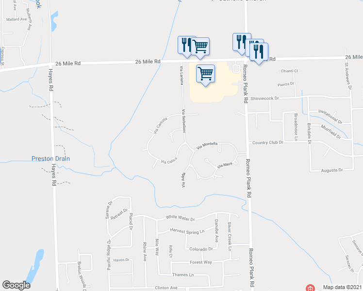 map of restaurants, bars, coffee shops, grocery stores, and more near 16086 Via Colico in Macomb