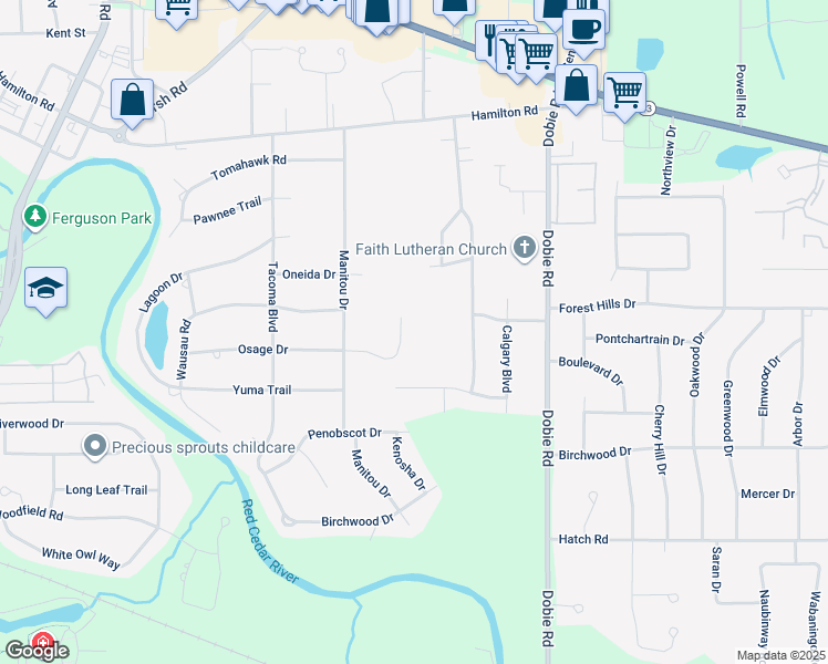 map of restaurants, bars, coffee shops, grocery stores, and more near 1826 Osage Drive in Meridian charter Township