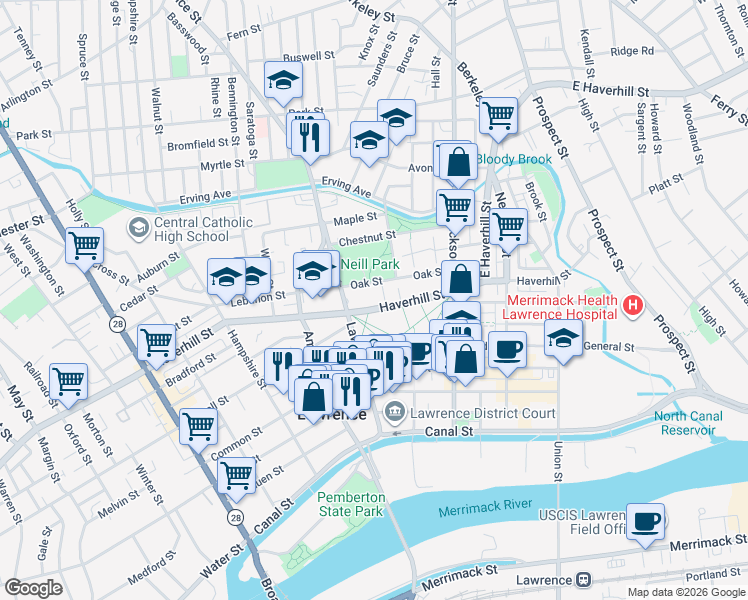 map of restaurants, bars, coffee shops, grocery stores, and more near 203 Haverhill Street in Lawrence
