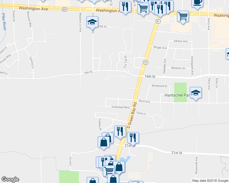 map of restaurants, bars, coffee shops, grocery stores, and more near 1748 South Green Bay Road in Mount Pleasant