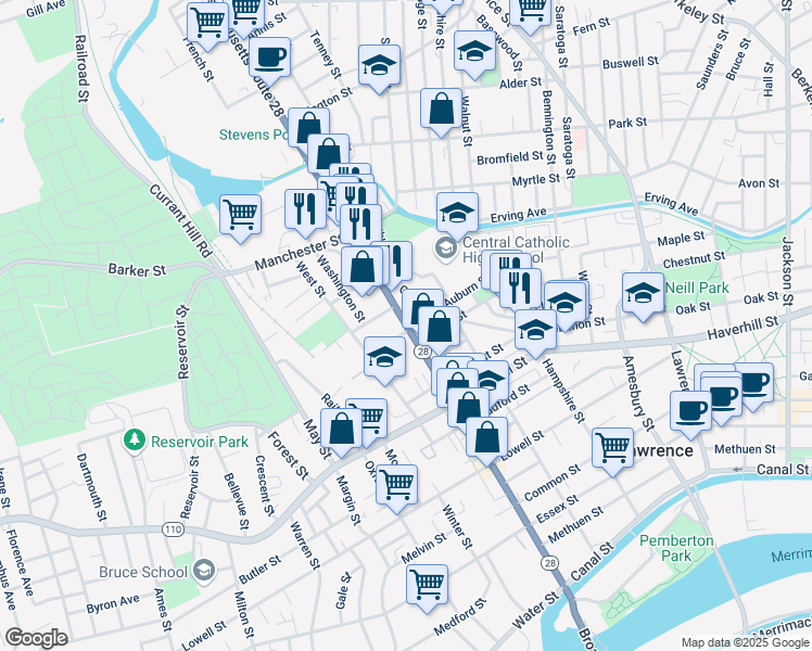 map of restaurants, bars, coffee shops, grocery stores, and more near Broadway in Lawrence