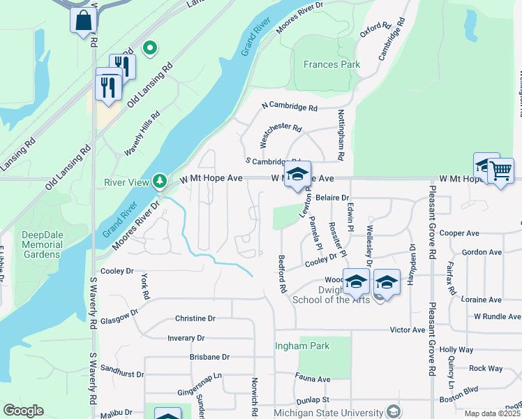map of restaurants, bars, coffee shops, grocery stores, and more near 3145 West Mount Hope Avenue in Lansing