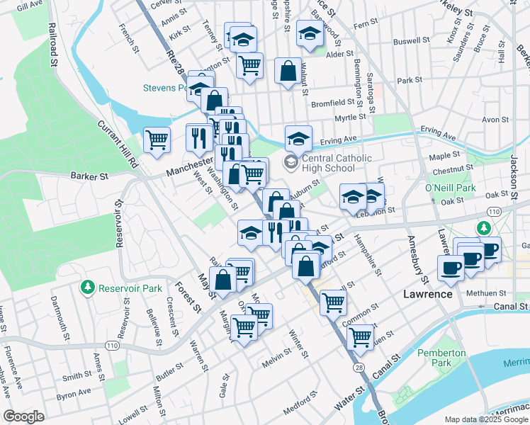 map of restaurants, bars, coffee shops, grocery stores, and more near Broadway in Lawrence