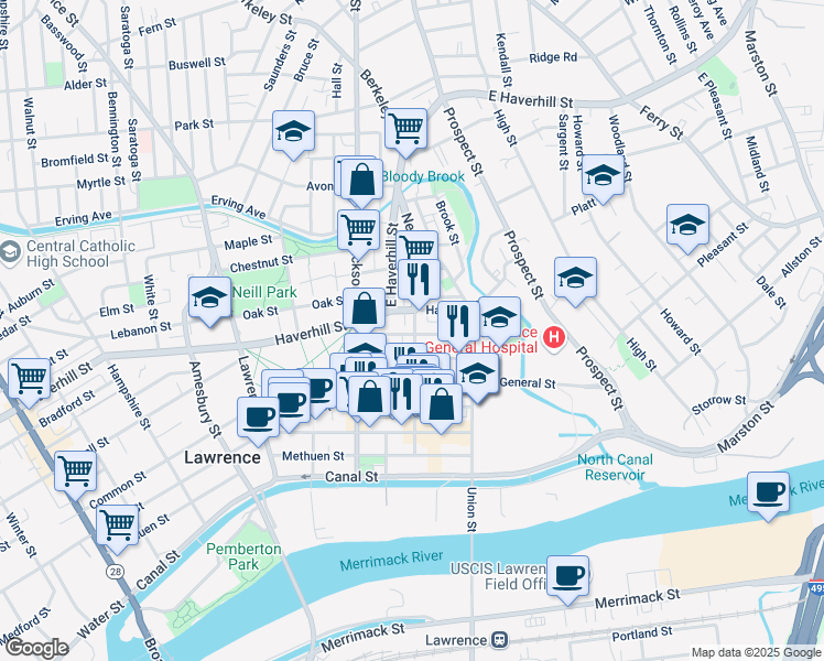 map of restaurants, bars, coffee shops, grocery stores, and more near 76 Newbury Street in Lawrence