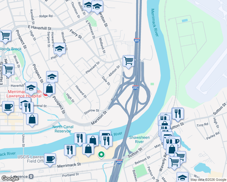 map of restaurants, bars, coffee shops, grocery stores, and more near 102 Marston Street in Lawrence