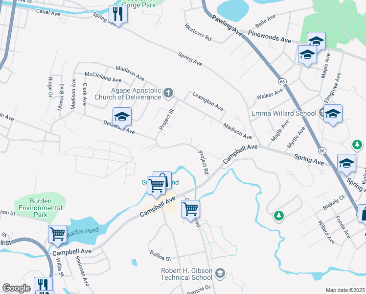 map of restaurants, bars, coffee shops, grocery stores, and more near 114 Project Road in Troy