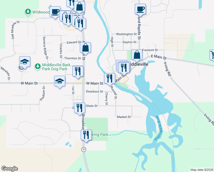 map of restaurants, bars, coffee shops, grocery stores, and more near 215 West Main Street in Middleville
