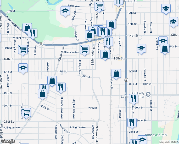 map of restaurants, bars, coffee shops, grocery stores, and more near 1644 Packard Avenue in Racine