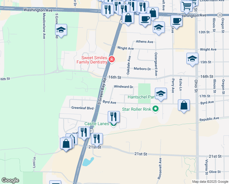 map of restaurants, bars, coffee shops, grocery stores, and more near 1639 C A Becker Drive in Racine