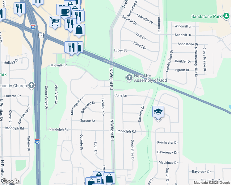 map of restaurants, bars, coffee shops, grocery stores, and more near 2407 North Wright Road in Janesville