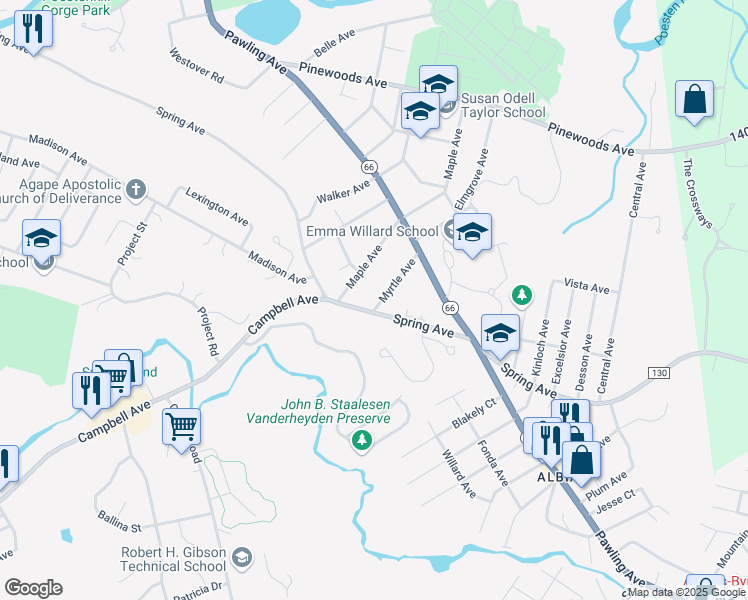 map of restaurants, bars, coffee shops, grocery stores, and more near 1 Myrtle Avenue in Troy