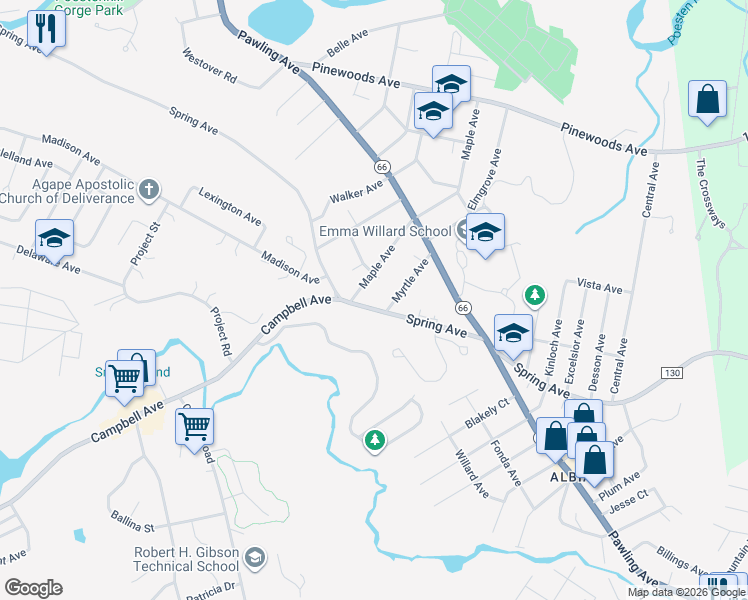 map of restaurants, bars, coffee shops, grocery stores, and more near 1 Myrtle Avenue in Troy