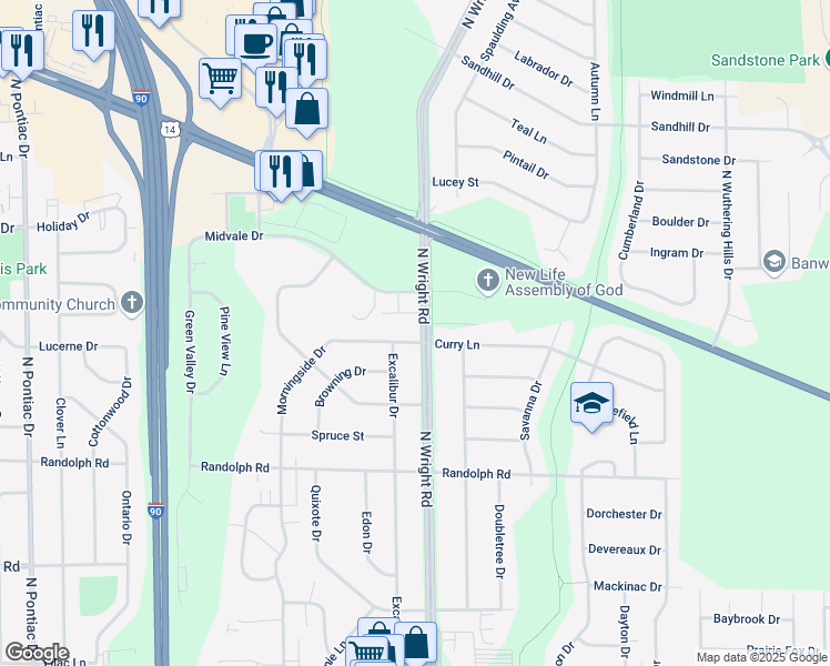 map of restaurants, bars, coffee shops, grocery stores, and more near 2407 North Wright Road in Janesville