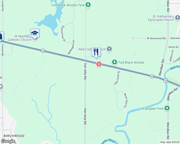 map of restaurants, bars, coffee shops, grocery stores, and more near 4450 Van Atta Road in Meridian Charter Township