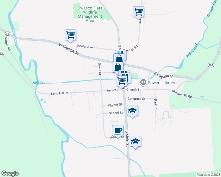 map of restaurants, bars, coffee shops, grocery stores, and more near 20 Aurora Street in Moravia