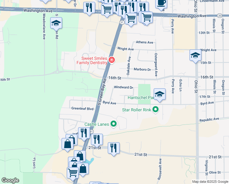map of restaurants, bars, coffee shops, grocery stores, and more near 1639 C A Becker Drive in Racine