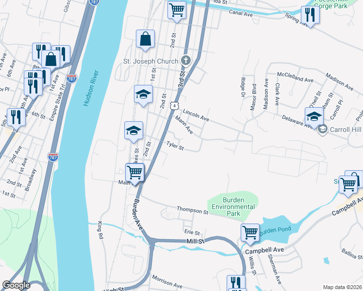 map of restaurants, bars, coffee shops, grocery stores, and more near 61 Tyler Street in Troy