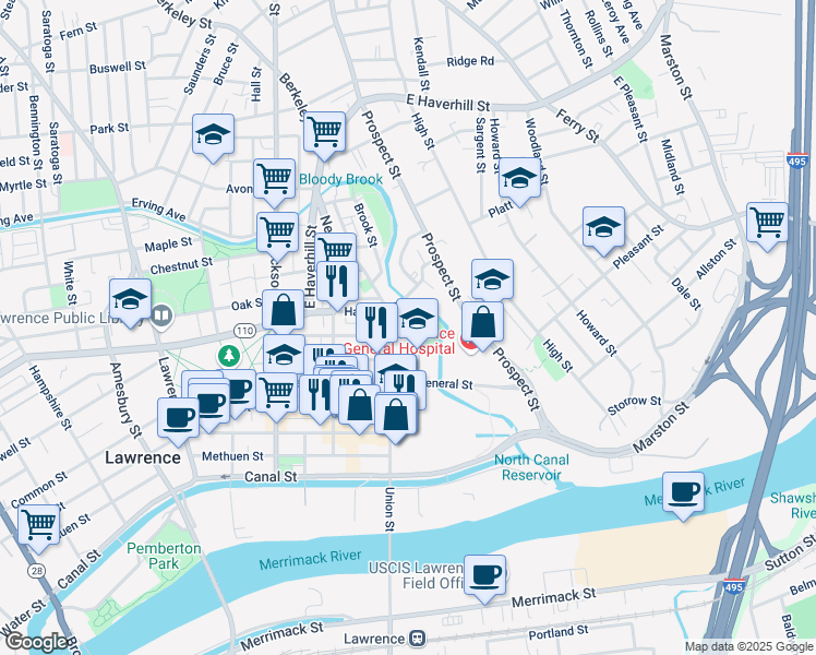 map of restaurants, bars, coffee shops, grocery stores, and more near 42 Allen Street in Lawrence
