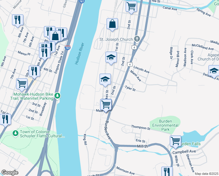 map of restaurants, bars, coffee shops, grocery stores, and more near 4 Tyler Street in Troy