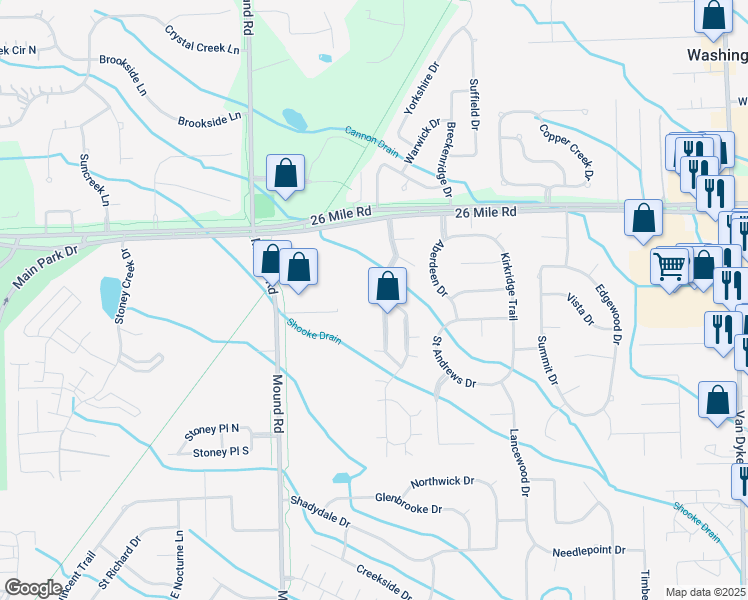 map of restaurants, bars, coffee shops, grocery stores, and more near 4 Scotland Boulevard in Macomb County