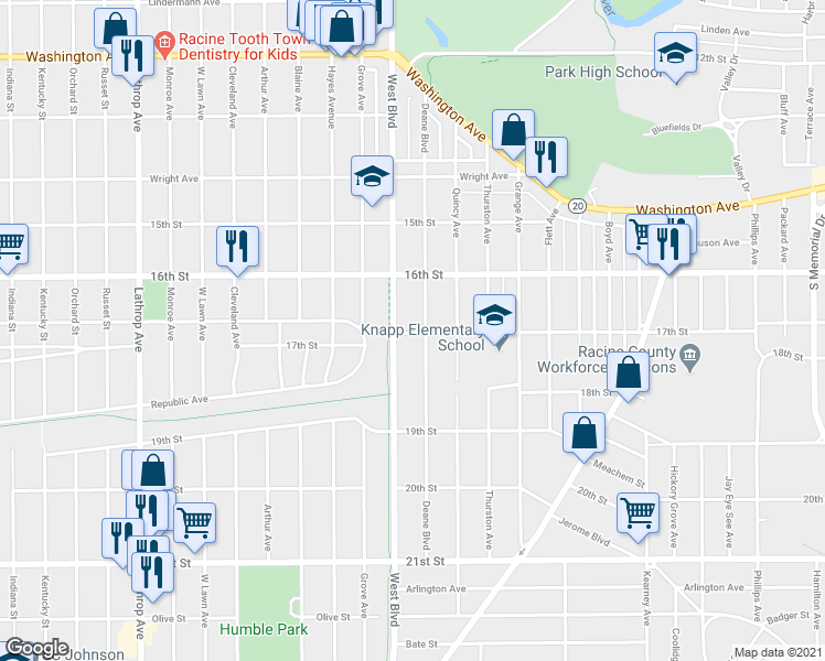 map of restaurants, bars, coffee shops, grocery stores, and more near 1647 West Boulevard in Racine