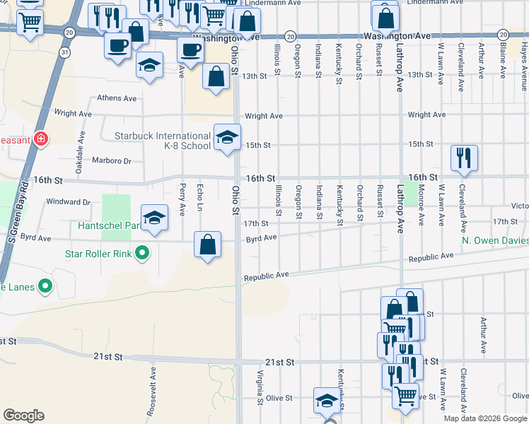 map of restaurants, bars, coffee shops, grocery stores, and more near 4510 Victory Avenue in Racine