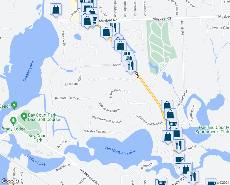 map of restaurants, bars, coffee shops, grocery stores, and more near 6595 Scenic Pines Court in Independence charter Township