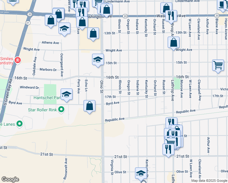 map of restaurants, bars, coffee shops, grocery stores, and more near 4510 Victory Avenue in Racine