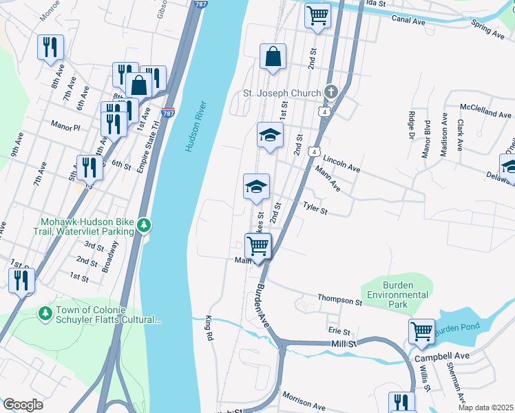 map of restaurants, bars, coffee shops, grocery stores, and more near 4 Tyler Street in Troy