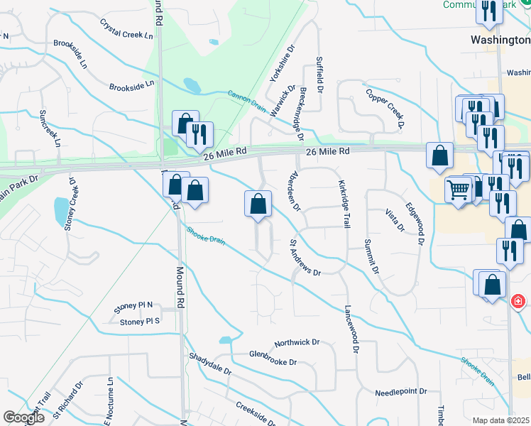 map of restaurants, bars, coffee shops, grocery stores, and more near 4 Scotland Boulevard in Shelby Township