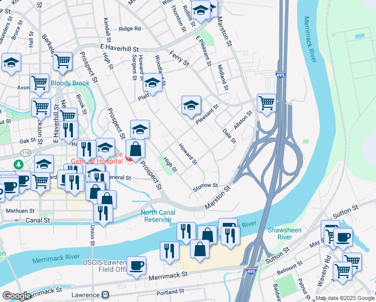 map of restaurants, bars, coffee shops, grocery stores, and more near 169 Howard St in Lawrence