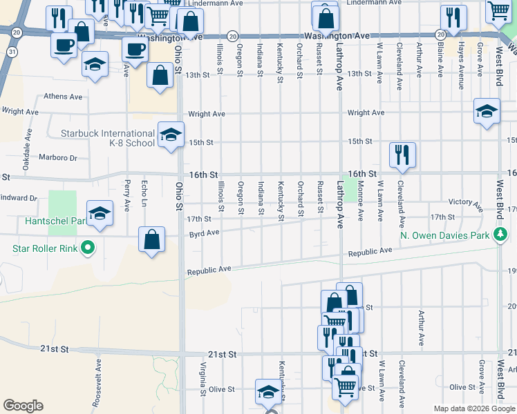 map of restaurants, bars, coffee shops, grocery stores, and more near 4301 Victory Avenue in Racine
