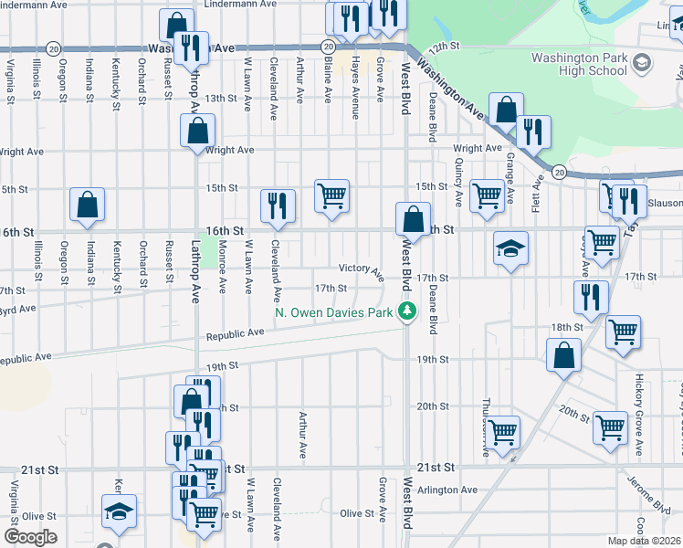 map of restaurants, bars, coffee shops, grocery stores, and more near 3309 Victory Avenue in Racine