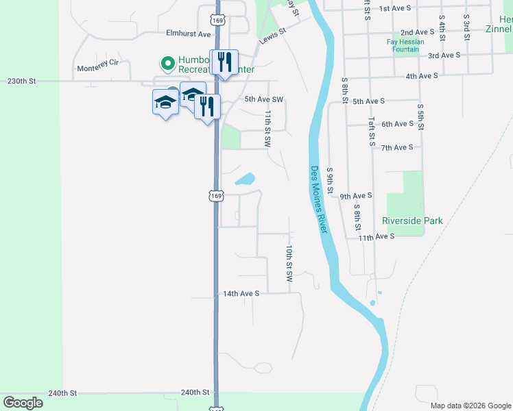 map of restaurants, bars, coffee shops, grocery stores, and more near 906 11th Street Southwest in Humboldt