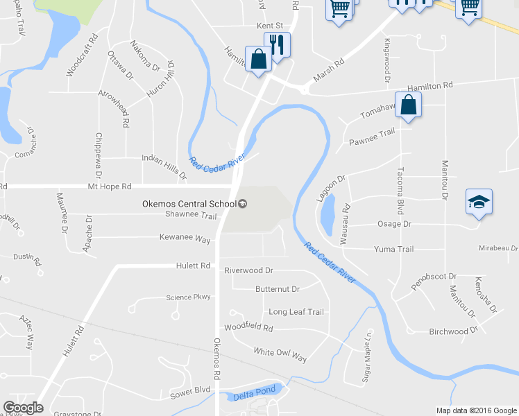 map of restaurants, bars, coffee shops, grocery stores, and more near 4406 Okemos Road in Meridian charter Township