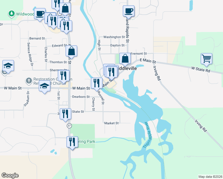 map of restaurants, bars, coffee shops, grocery stores, and more near 104 Mill Pond Drive in Middleville
