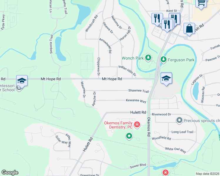 map of restaurants, bars, coffee shops, grocery stores, and more near 2392 Shawnee Trail in Meridian Charter Township