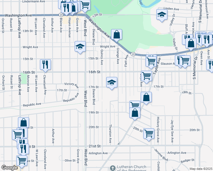 map of restaurants, bars, coffee shops, grocery stores, and more near 2810 17th Street in Racine