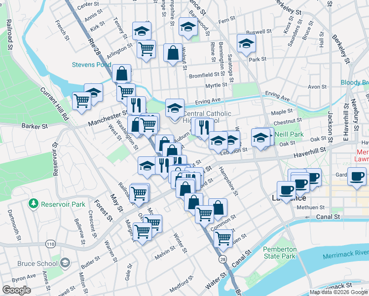 map of restaurants, bars, coffee shops, grocery stores, and more near 59 Cross Street in Lawrence