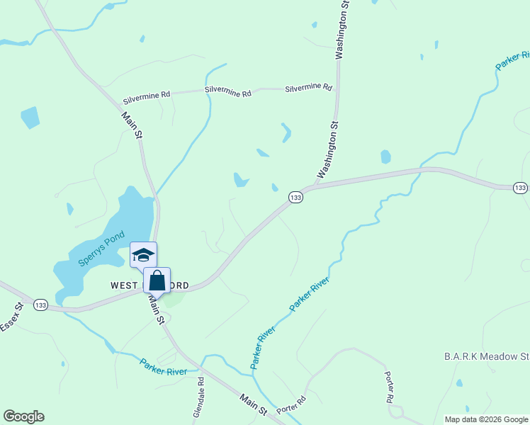map of restaurants, bars, coffee shops, grocery stores, and more near 129 Washington Street in Boxford