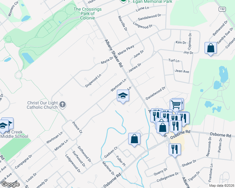 map of restaurants, bars, coffee shops, grocery stores, and more near 1D Miracle Lane in Albany