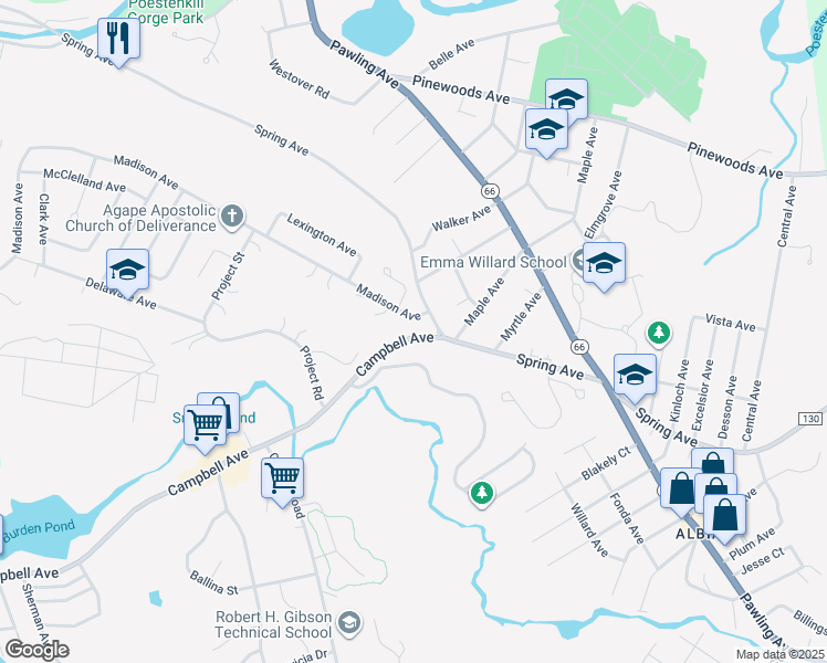 map of restaurants, bars, coffee shops, grocery stores, and more near 190 Spring Avenue in Troy