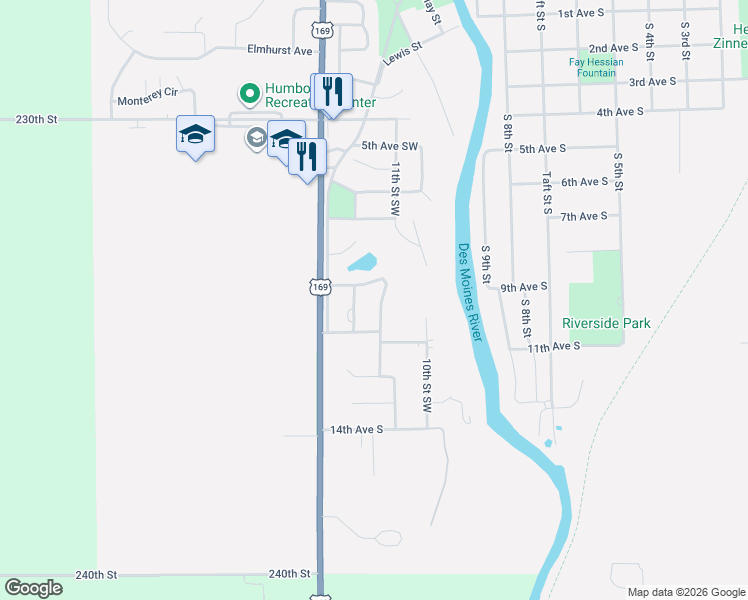 map of restaurants, bars, coffee shops, grocery stores, and more near 906 11th Street Southwest in Humboldt