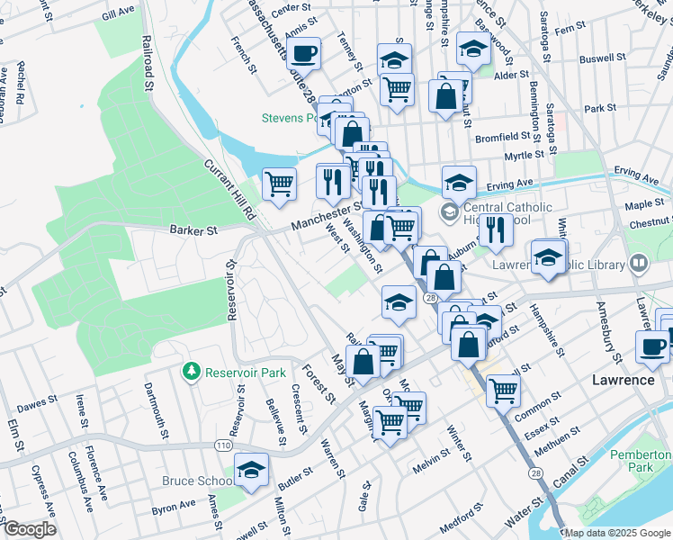 map of restaurants, bars, coffee shops, grocery stores, and more near 12 Wendell Street in Lawrence
