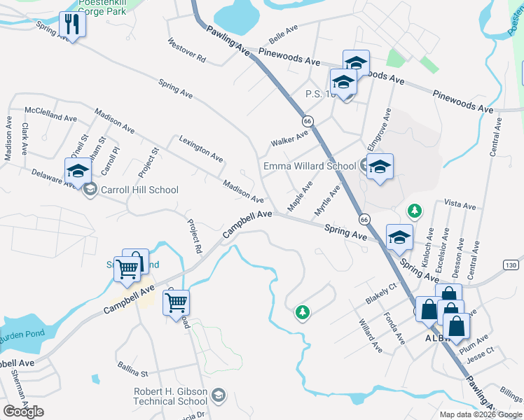map of restaurants, bars, coffee shops, grocery stores, and more near 190 Spring Avenue in Troy