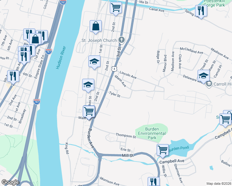 map of restaurants, bars, coffee shops, grocery stores, and more near 61 Tyler Street in Troy