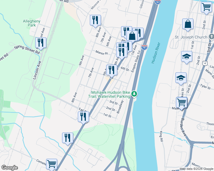 map of restaurants, bars, coffee shops, grocery stores, and more near 432 3rd Avenue in Watervliet