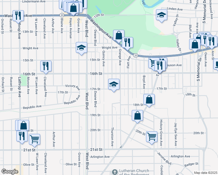 map of restaurants, bars, coffee shops, grocery stores, and more near 2810 17th Street in Racine
